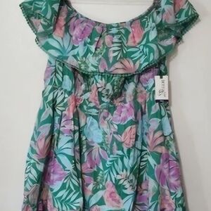 NWT Tropical Print Cotton Dress Swing Ruffle Beach Vacation Off Shoulder Size 2x